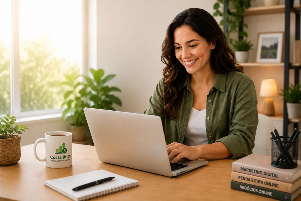 Woman smiling and typing on a silver laptop at a wooden desk in a sunlit home office.