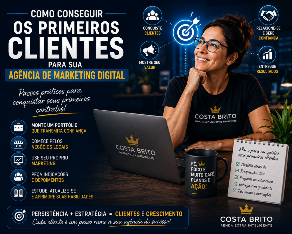 Infográfico promocional em português sobre como conseguir os primeiros clientes para uma agência de marketing digital, com passos e mensagens de ação.