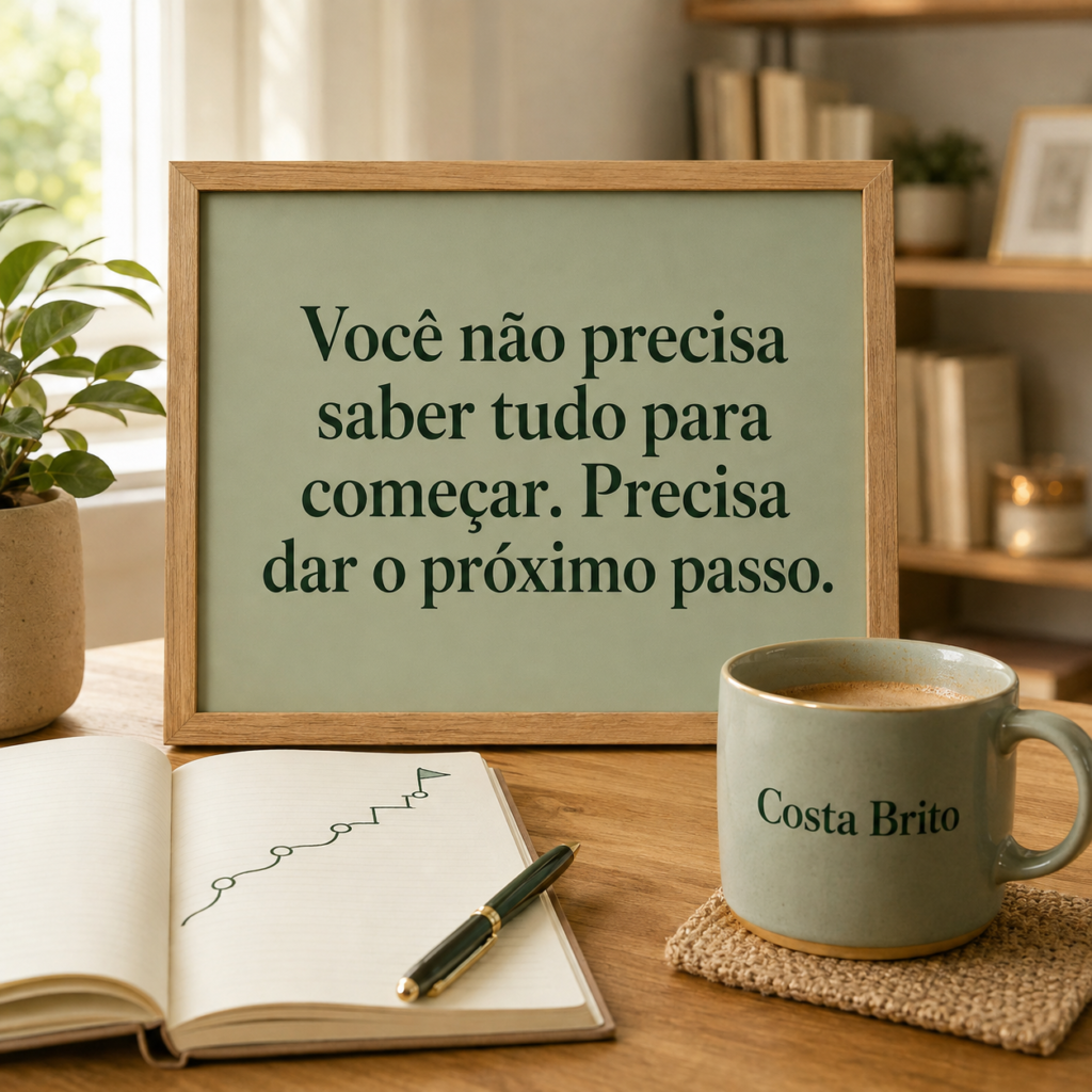 Quadro verde com a frase você não precisa saber tudo para começar, ao lado da caneca Costa Brito e um caderno com pequenos passos