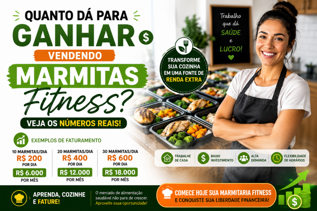 Banner publicitário em português oferecendo ganhos com marmitas fitness, destacando R$200/dia e R$6.000/mês| Veja os números reais!