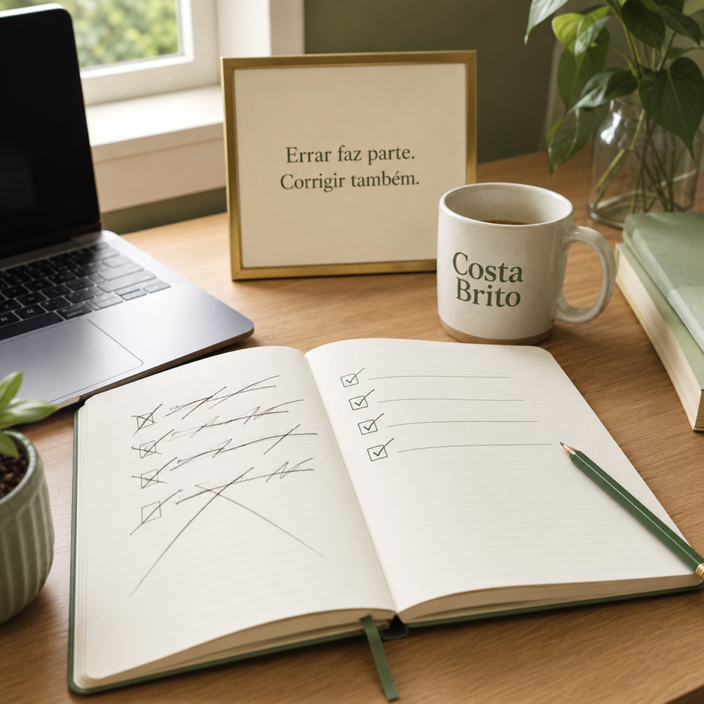 Caderno de correções e caneca Costa Brito com a frase errar faz parte corrigir também
