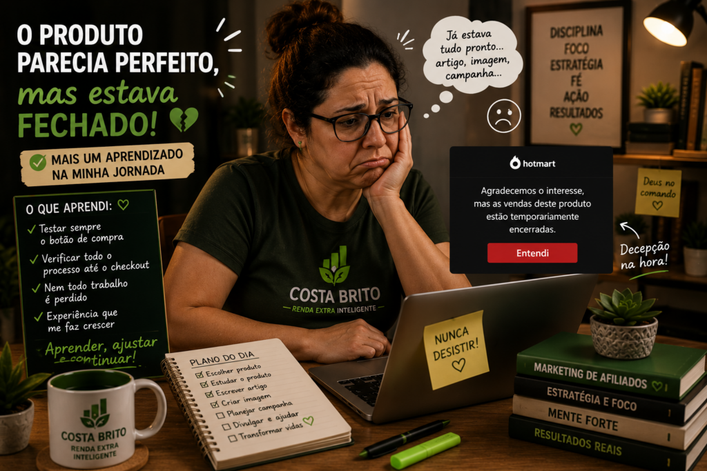 Mulher com óculos, expres­são pensativa, sentada à mesa de trabalho rodeada por itens de estudo e o branding Costa Brito ao fundo.