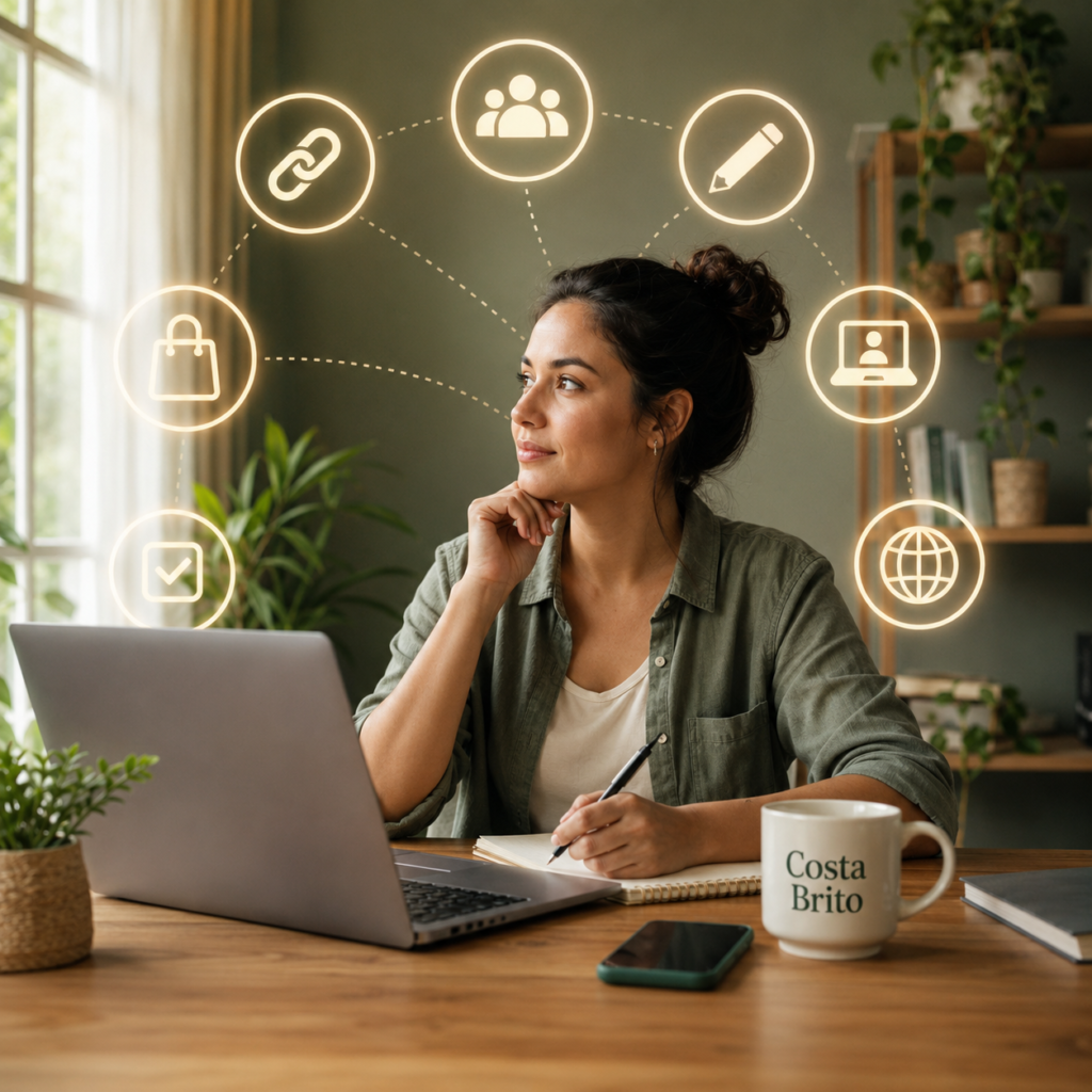 Mulher iniciante planejando diferentes formas de renda extra online em uma mesa com notebook e caneca Costa Brito