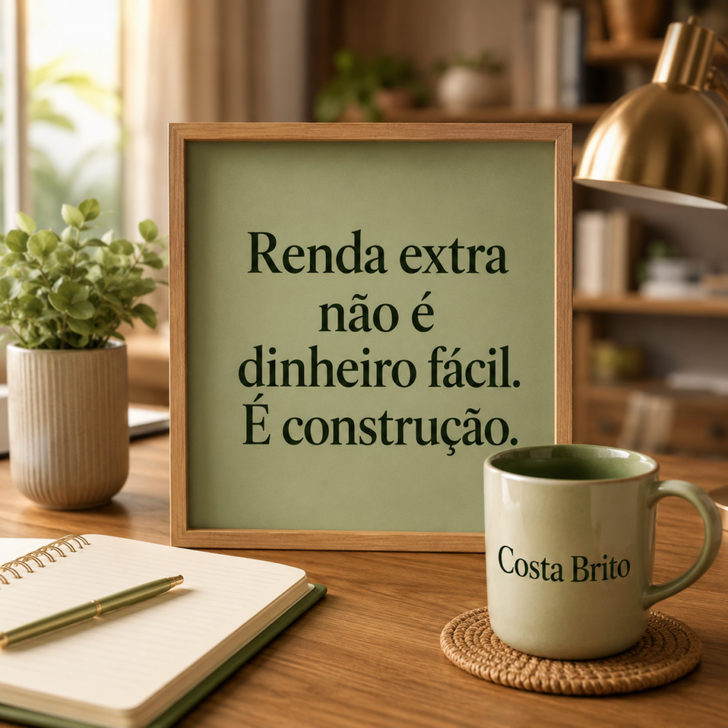 Quadro verde com a frase renda extra não é dinheiro fácil, é construção, ao lado da caneca Costa Brito