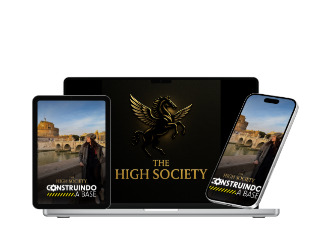 Central laptop displays a gold Pegasus logo with 'THE HIGH SOCIETY'; two mobile screens show a castle scene with the same branding.