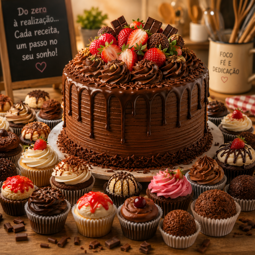 Chocolate ganache cake topped with strawberries, chocolate pieces, and swirls, surrounded by decorated cupcakes in a bakery display.