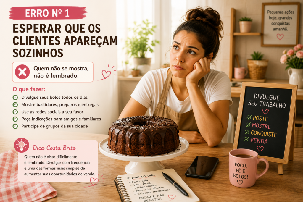 Infográfico em português sobre o erro nº 1: esperar que os clientes apareçam sozinhos; mulher pensativa ao lado de um bolo, com lista de ações para divulgar o trabalho.