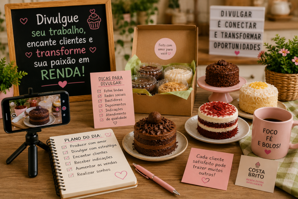 Bakery table with chocolate cakes and assorted pastries, pink tip cards, a phone on a tripod filming, and a chalkboard sign in Portuguese about promoting your work.