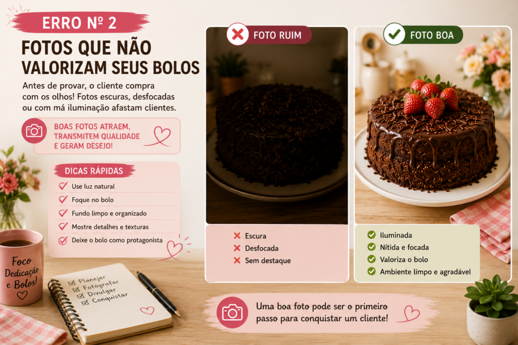 Infográfico sobre fotos de bolos: exemplo ruim à esquerda e exemplo bom à direita (bolo de chocolate com morangos).
