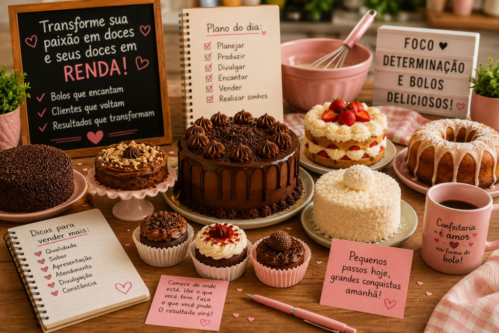 Assorted cakes and cupcakes on a wooden table with chalkboard signs and pink decor in a bakery display.