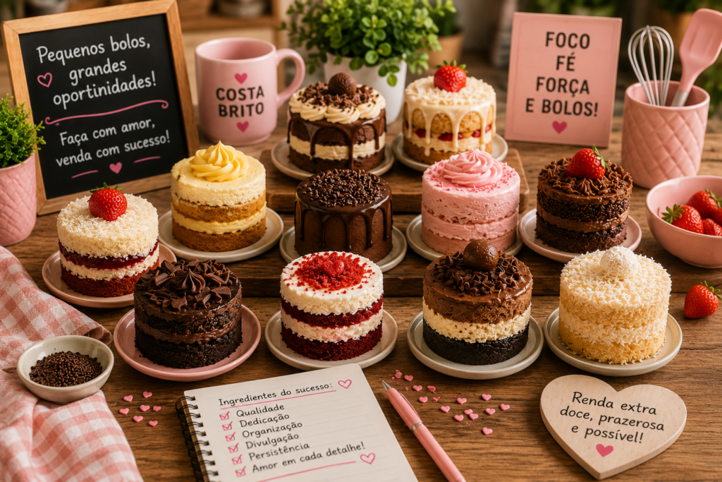 Assortment of colorful, layered cakes on a wooden table with pink decor and chalkboard sign in Portuguese promoting opportunities and love.