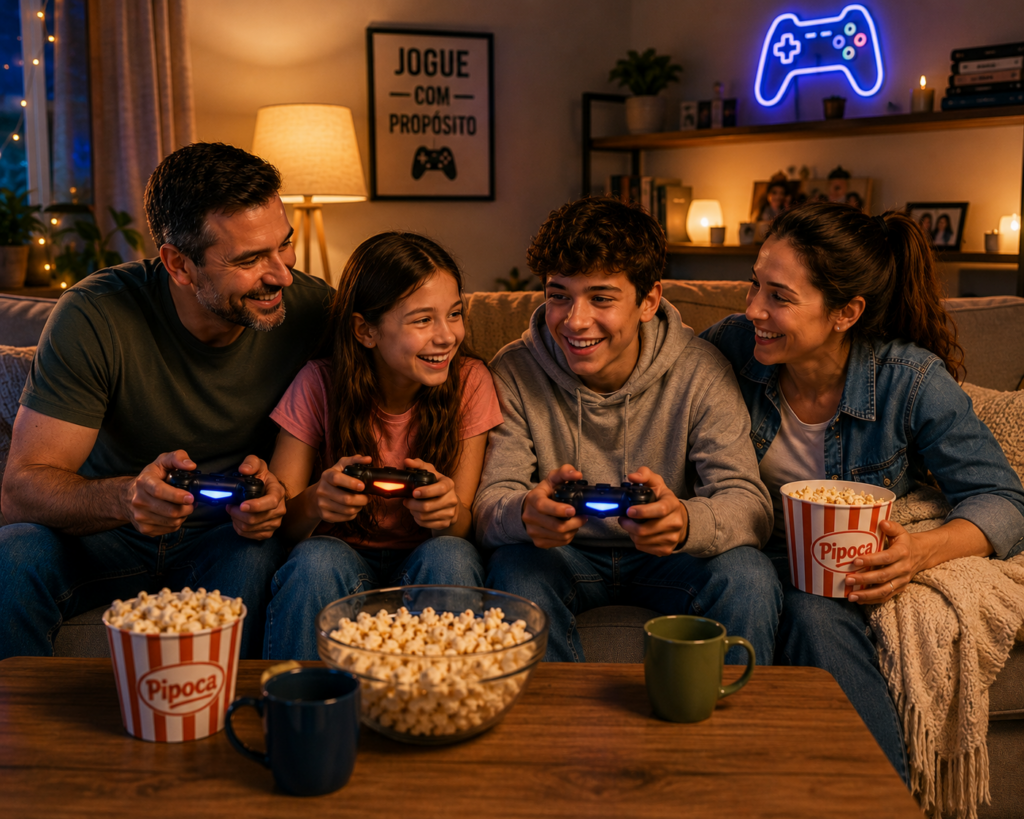 A family of four sits on a couch playing video games with controllers, bowls of popcorn on the coffee table.