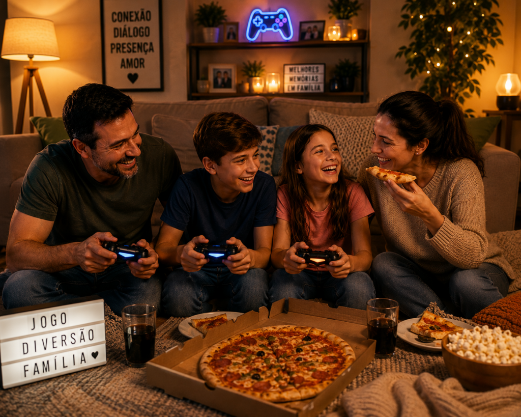 Family of four on the living room floor, smiling and playing video games with controllers as pizza sits nearby. cozy, warm scene with snacks and a neon game sign in the background.