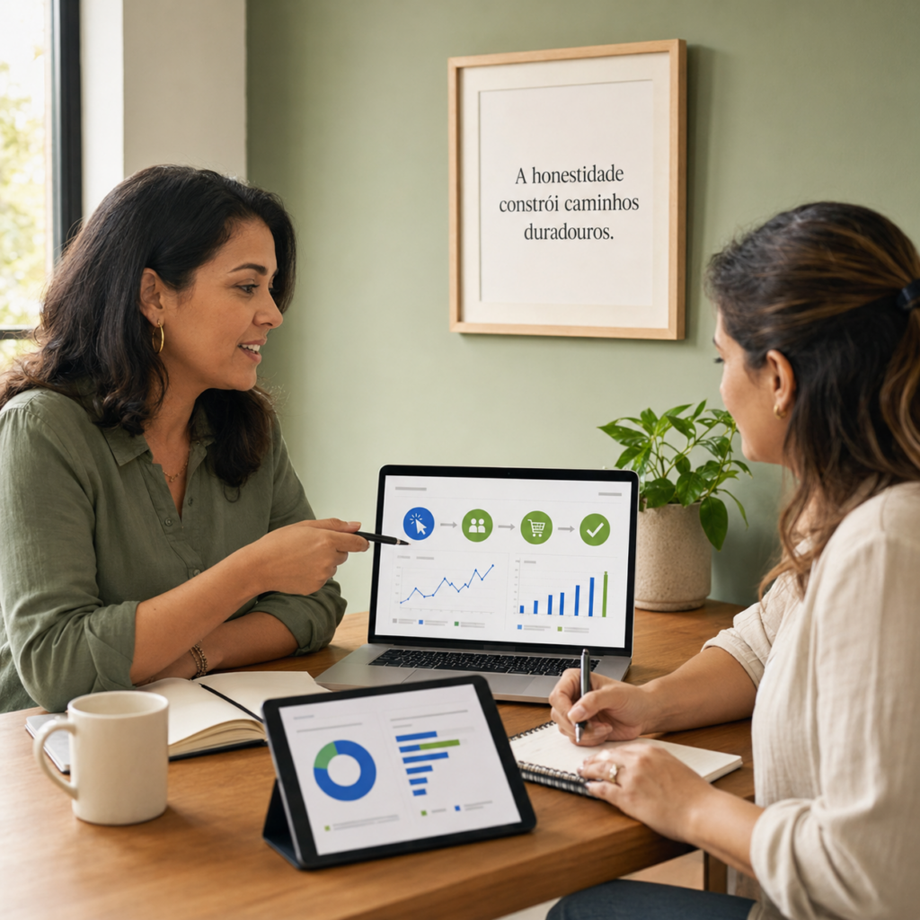 Two women in a meeting examining data dashboards on a laptop and tablet, with a notebook and plant nearby.