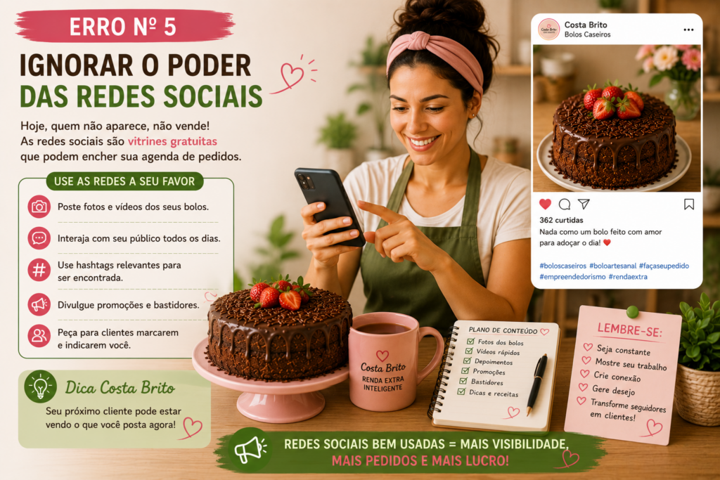 Infográfico de redes sociais para confeitaria; mulher com celular ao lado de bolos decorados.