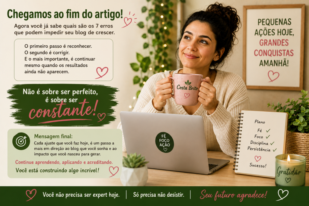 Mulher sorridente segura uma caneca rosa perto do laptop, cercada de quadros com mensagens motivacionais em verde e vermelho; atmosfera de escritório acolhedor.