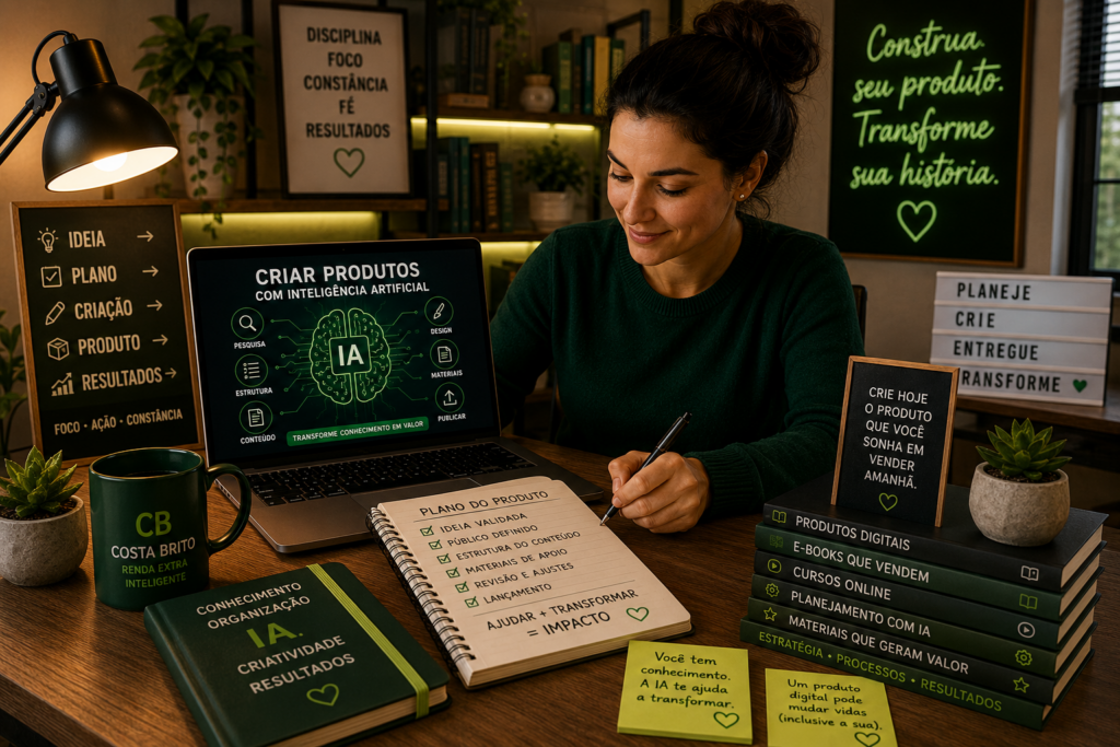 Mulher sentada à mesa de escritório, olhando para o laptop com ‘CRIAR PRODUTOS COM INTELIGÊNCIA ARTIFICIAL’.