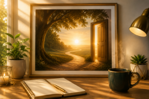 Framed landscape art showing a sunlit path from a tree toward an open door, revealing a sunset, on a desk with a notebook and mug nearby.