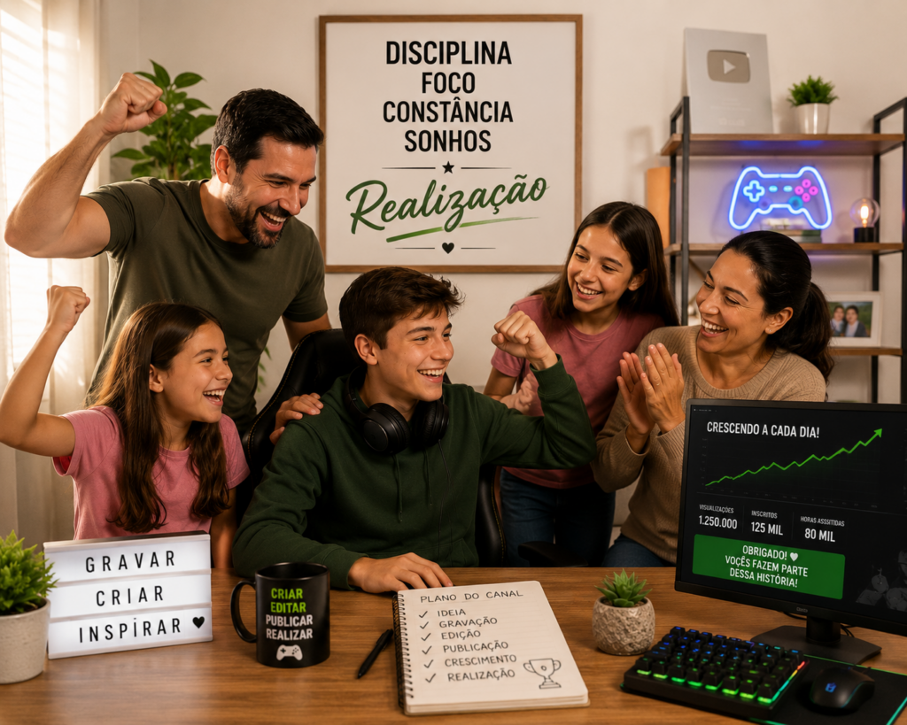 Five friends cheer around a desk as a computer monitor shows a rising green graph, with a motivational wall sign in the background reading words like 'Disciplin,a Foco Constância Sonhos Realização'.