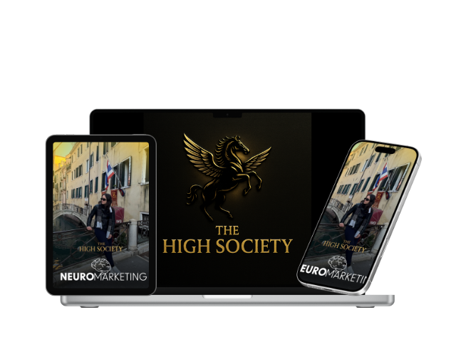 Laptop with a gold Pegasus logo and 'The High Society' on screen, flanked by two smartphones displaying branding 'Neuro Marketing' and 'Euromarketing'
