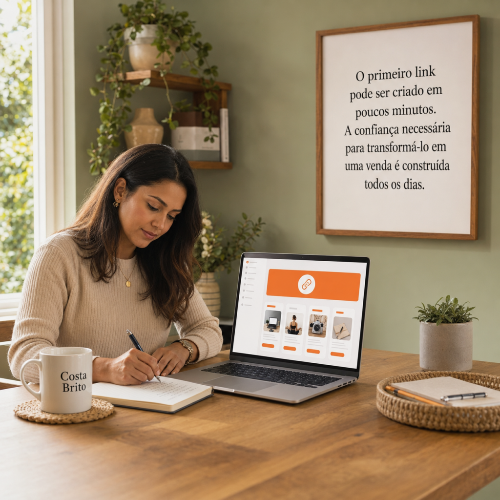 Mulher escreve em um caderno ao lado de um notebook aberto com uma página de criação digital, em um escritório doméstico acolhedor, com uma caneca Costa Brito sobre a mesa.
