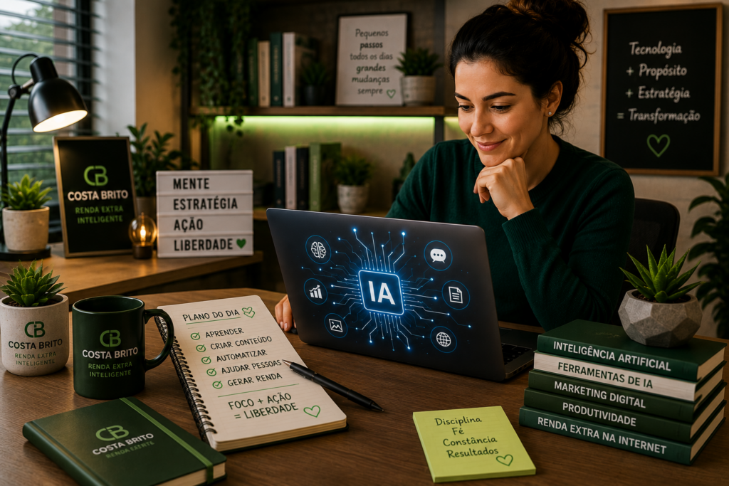 Mulher trabalhando em um notebook com IA, em mesa de escritório rodeada de plantas, cadernos e livros Costa Brito.