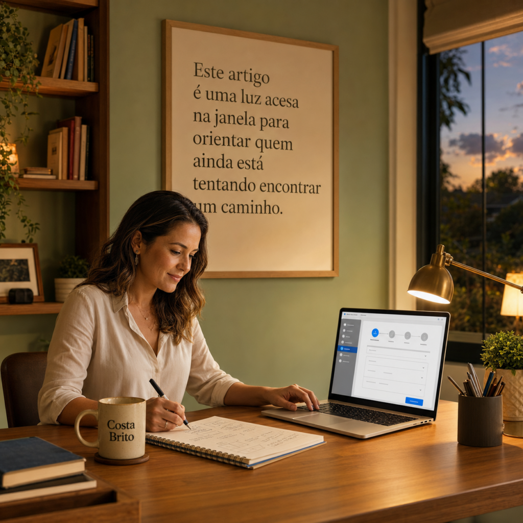 Woman working at a wooden desk by a laptop and notebook in a cozy home office, framed quote on a green wall behind her, sunset outside window.