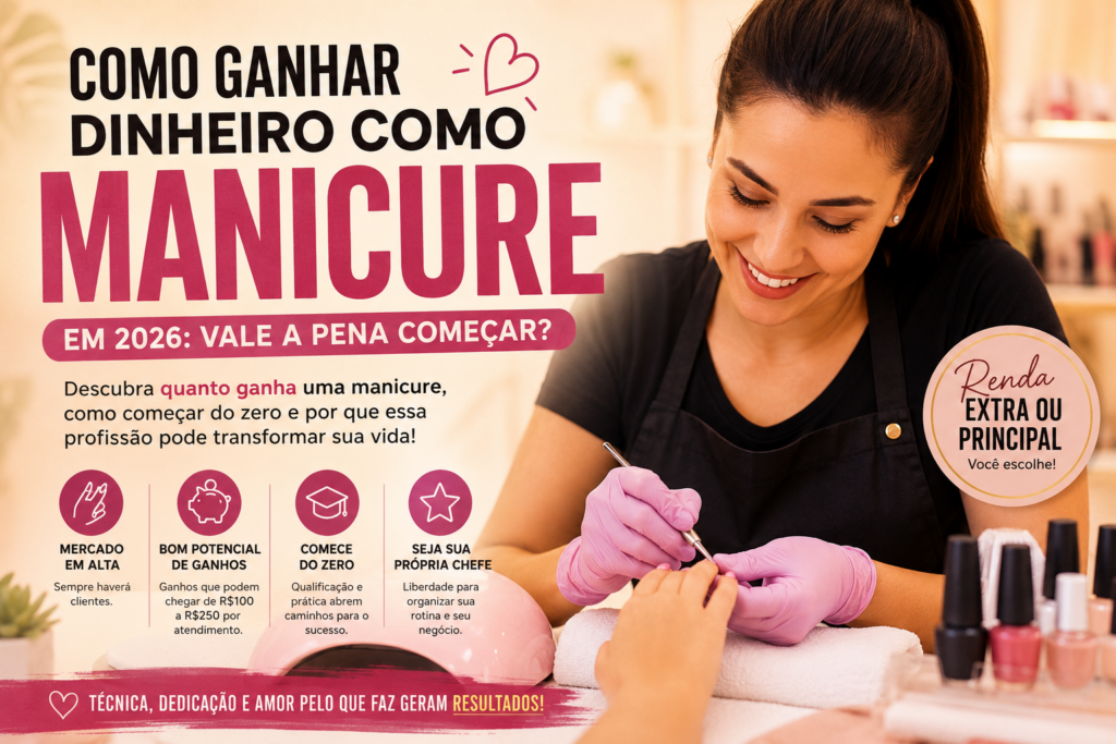 Banner publicitário de manicure: profissional sorridente faz manicure em uma cliente, com textos em português destacando 'MANICURE' e oportunidades de negócio.