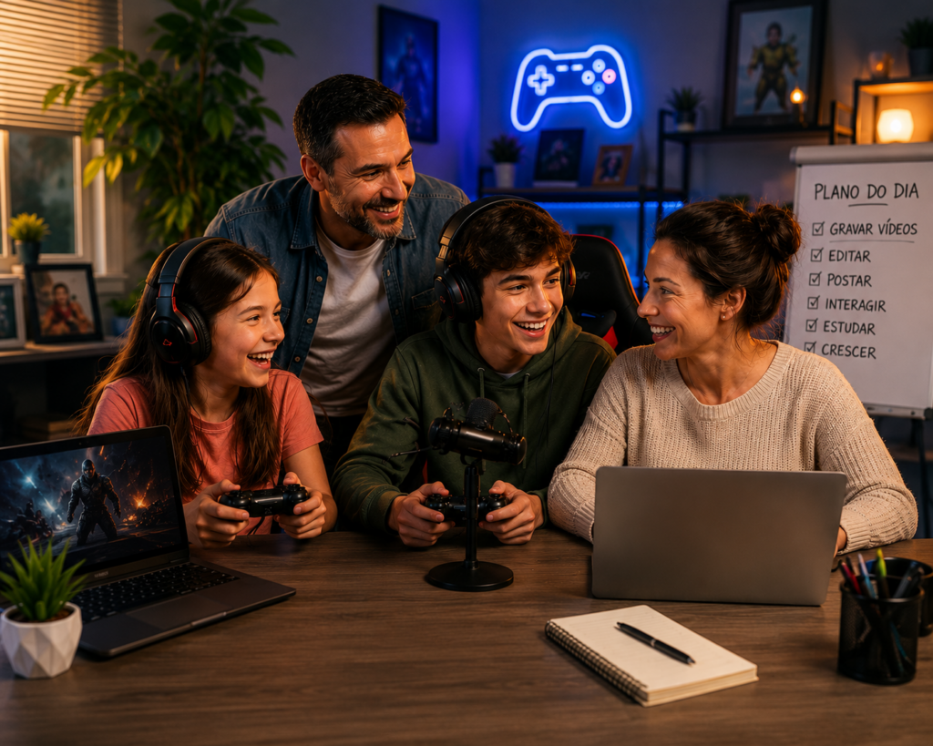 Family of four gaming together at a table: kids with headsets, mom with laptop, dad leaning in.