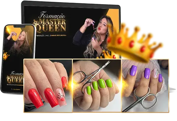 Collage promoting Master Queen nail salon with screens displaying manicures and a crown icon and branding in the background.