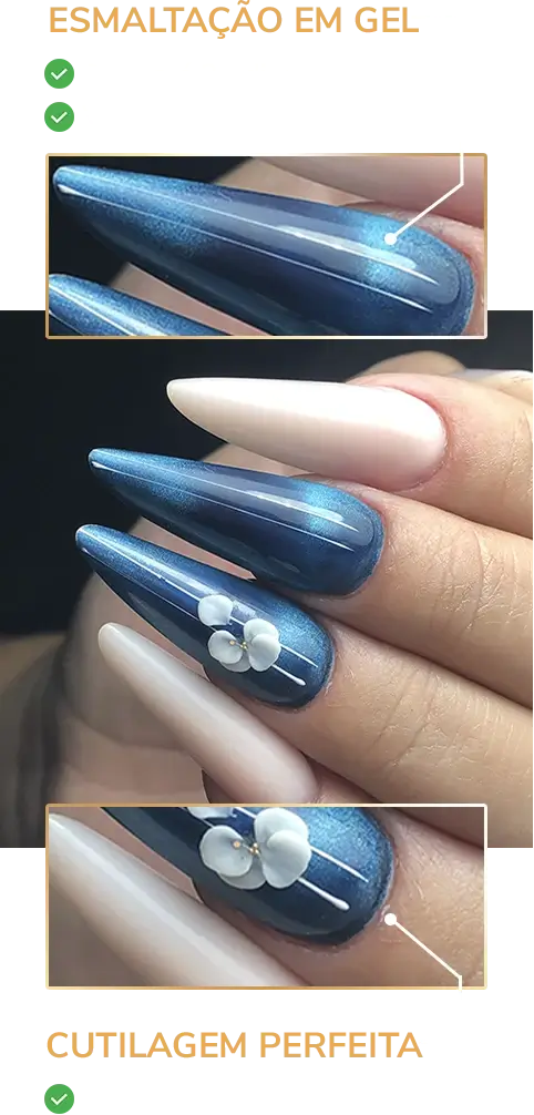 Close-up of blue gel nails with white flower accent on ring finger; tutorial overlays highlight details.