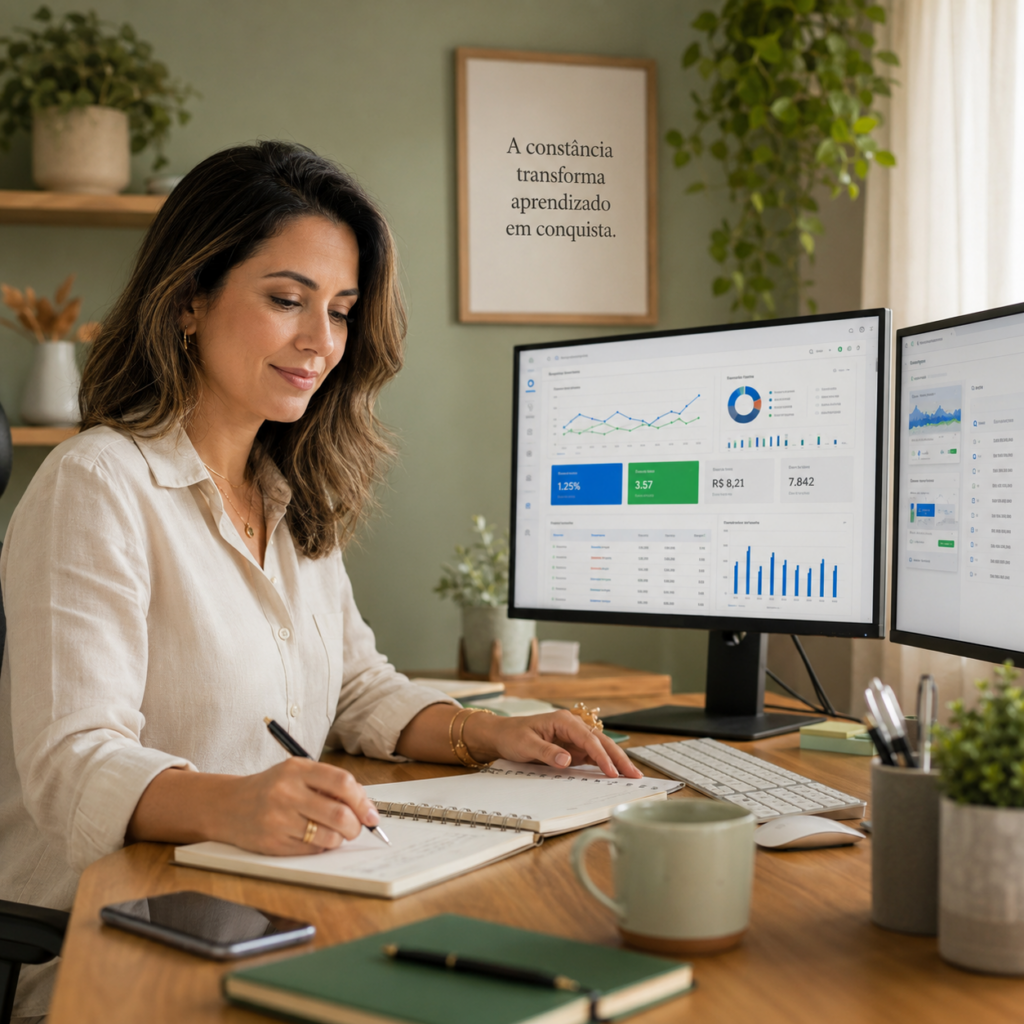 Woman seated at a wooden desk, writing in a notebook while two monitors show charts and graphs.