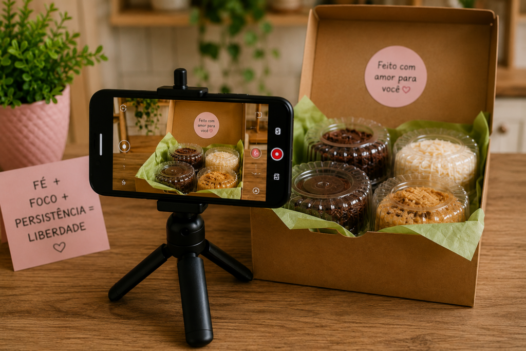 Phone on a tripod records a gift box of six cookie jars with a pink sticker reading 'Feito com amor para você'.