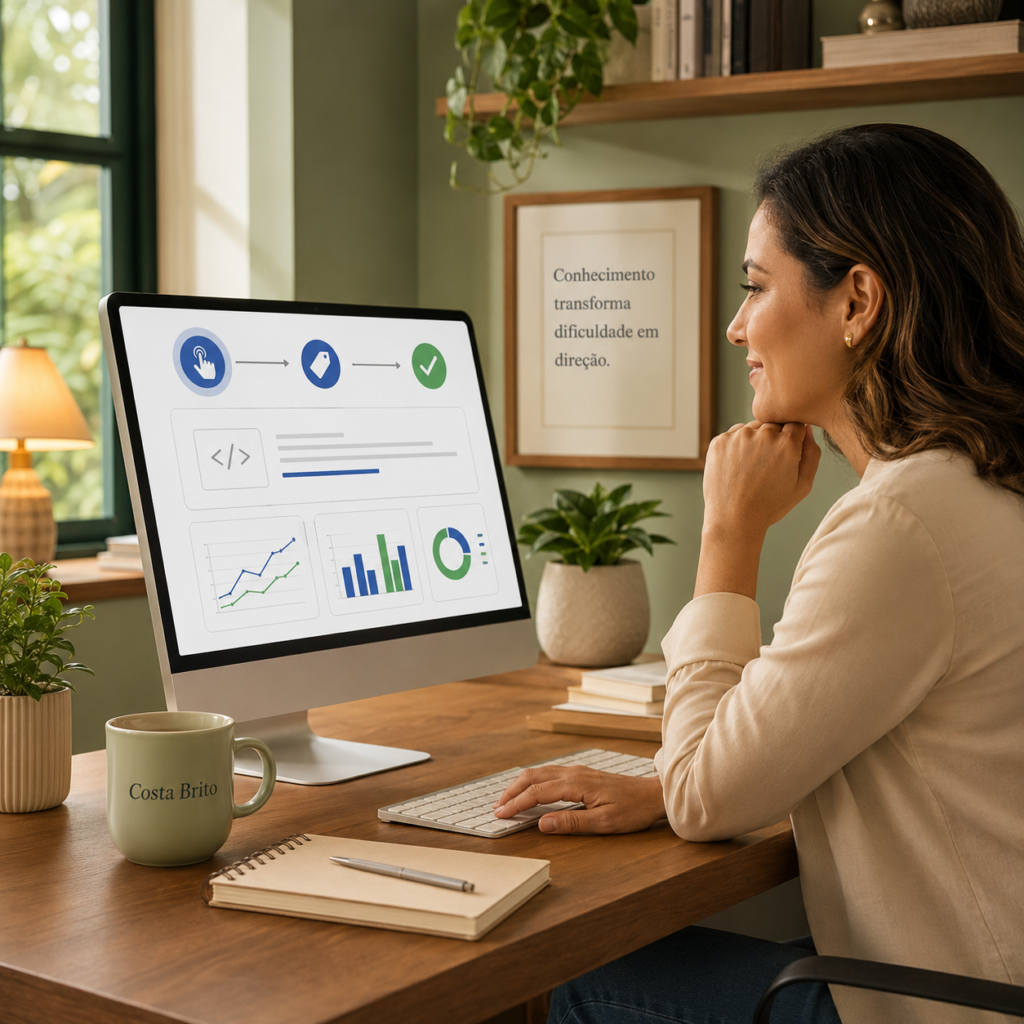 Professional woman at a desk viewing a monitor with charts and code, analyzing data.