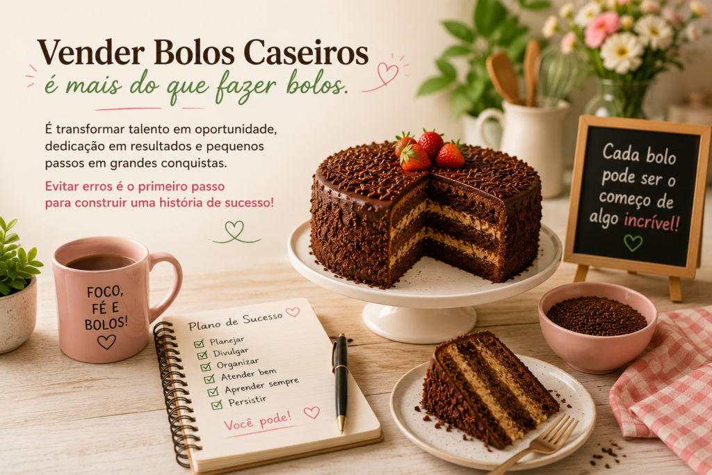 Bolo de chocolate sobre um pedestal, fatia servida em um prato, caderno de planejamento e caneca motivacional em uma cozinha acolhedora.