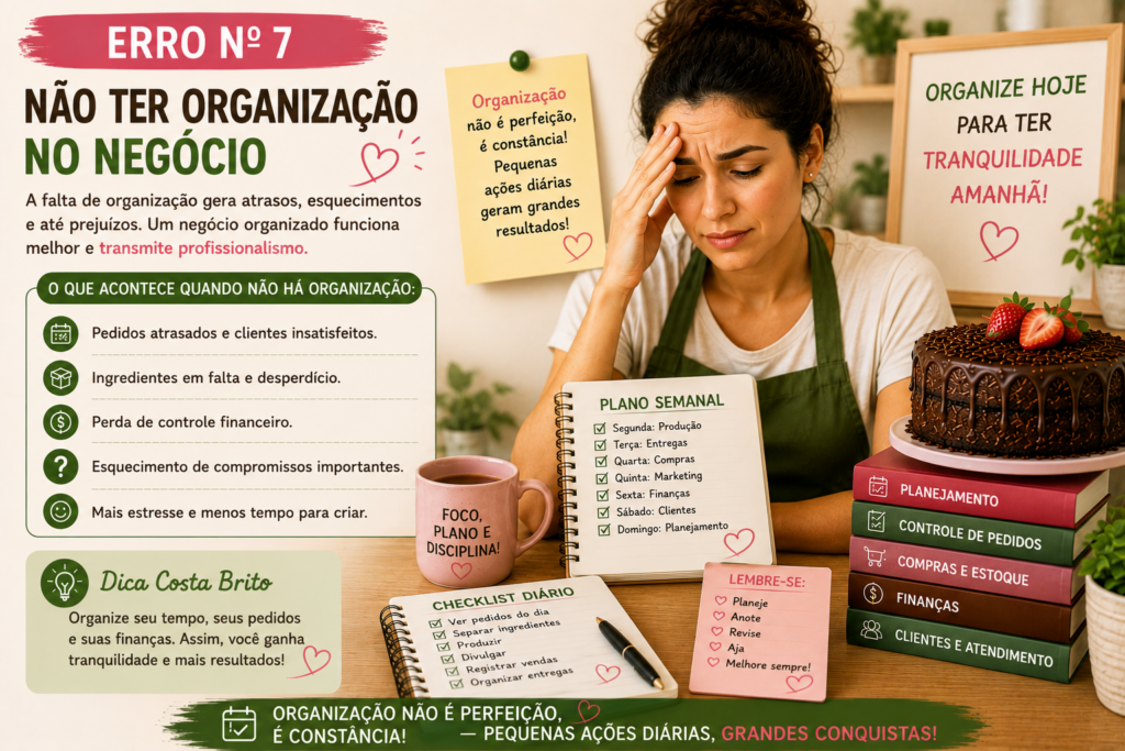 Infográfico sobre erros de organização no negócio; mulher cansada entre papéis, planner, caderno de planejamento e pilha de livros de organização, com foco no tema 'Não ter organização atrasa o negócio'.