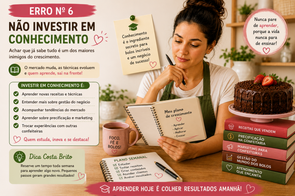 Infográfico sobre a importância de continuar aprendendo, com mulher lendo um caderno de planejamento ao lado de um bolo e livros de negócios.