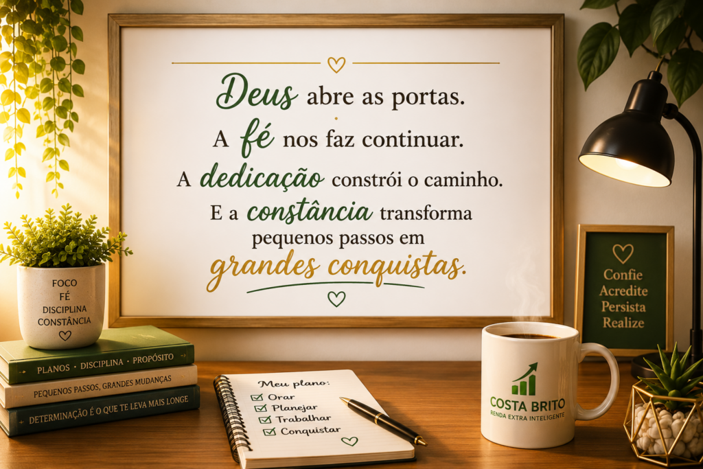Framed Portuguese quote on a desk with a green plant, books, a lamp, and a Costa Brito mug beside a spiral notebook.