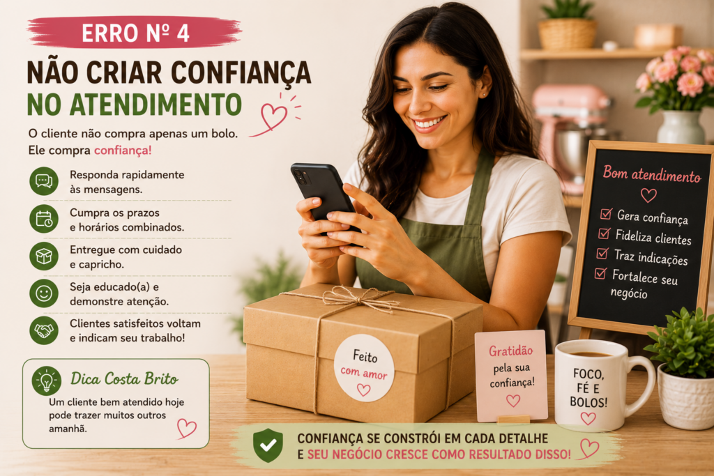 Banner educativo sobre atendimento ao cliente: mulher sorridente usa o celular ao lado de uma caixa embrulhada e lista de dicas no lado esquerdo.