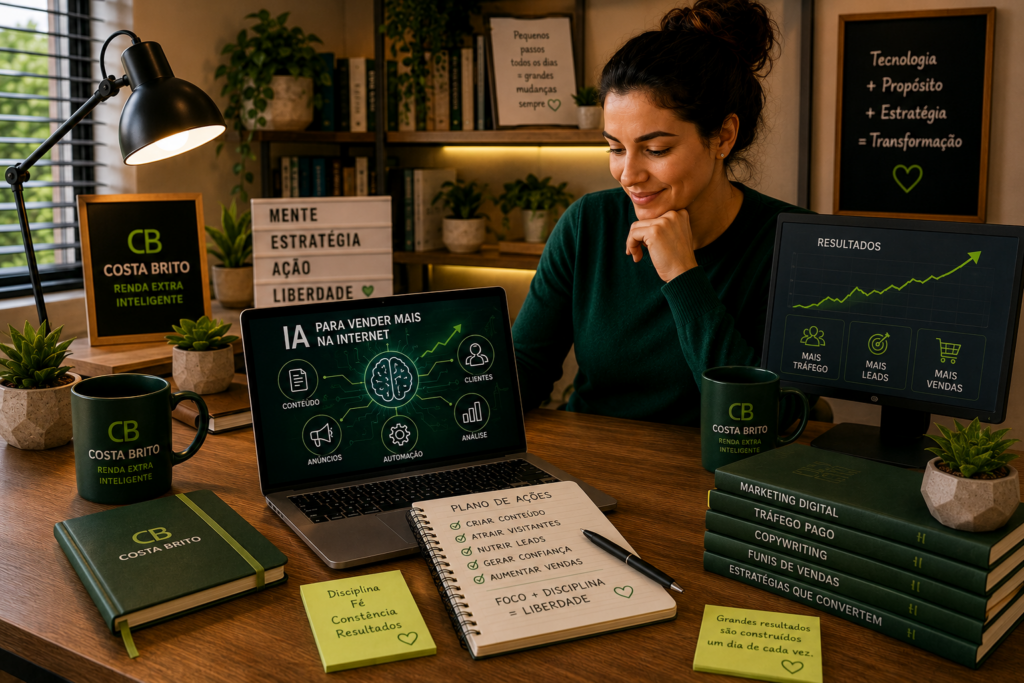 Woman at a desk looking at a laptop screen with a brain icon and marketing diagrams, in a cozy home office.
