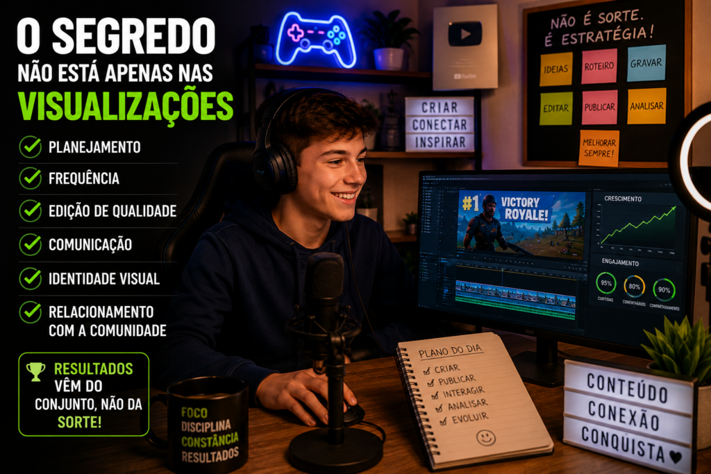 Young man streaming at a desk with headset and microphone; monitor shows game footage and analytics while a bold Portuguese checklist appears on the left.
