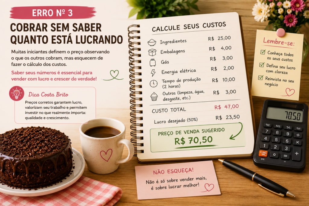 Infográfico sobre formação de preços para bolos caseiros, com caderno de custos, bolo e xícara de café sobre uma mesa.