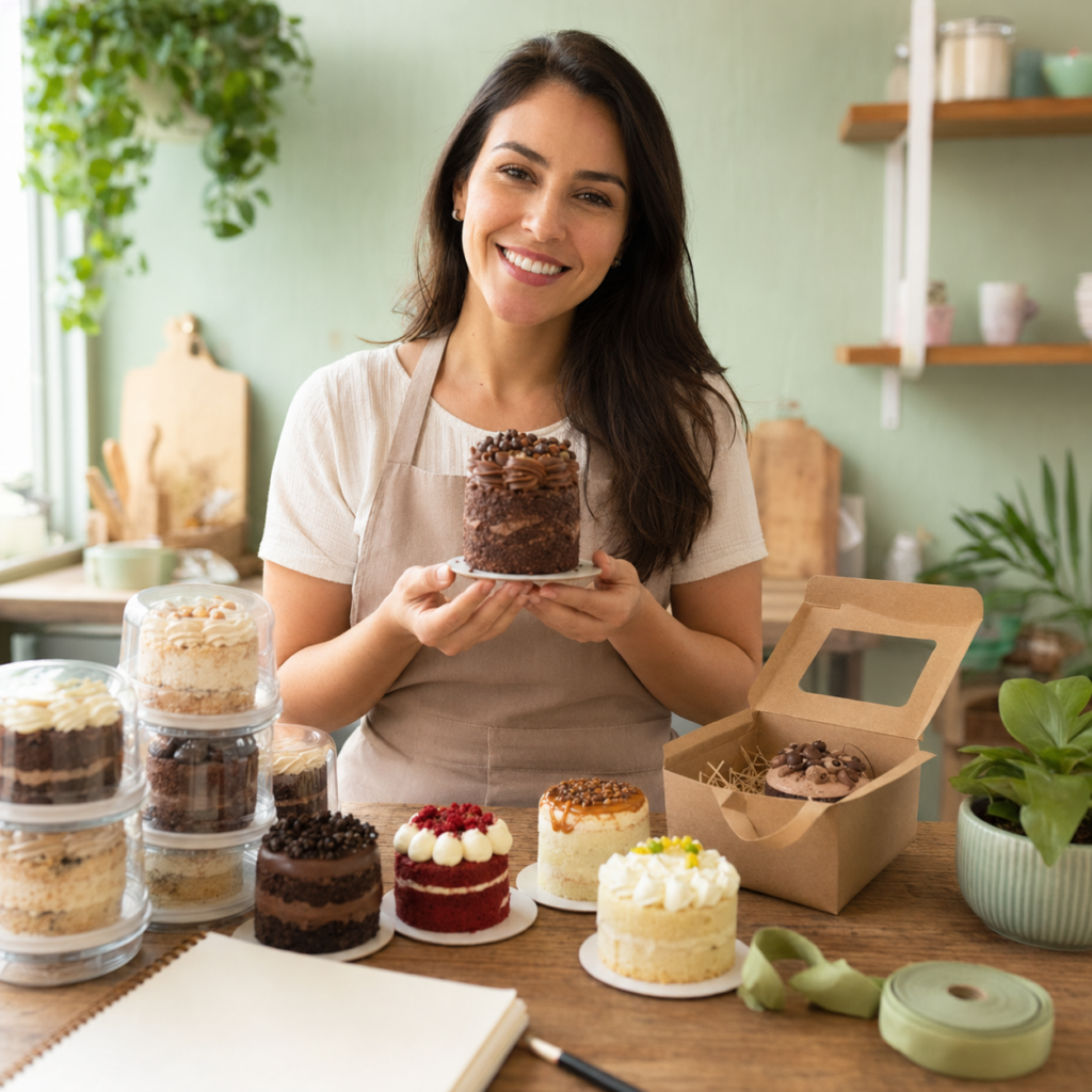 Woman in a bakery apron holding a small chocolate cake with chocolate drizzle, smiling at the camera.