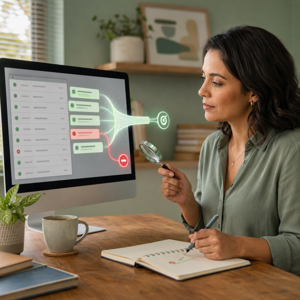 Mulher analisando palavras-chave negativas do Google Ads no computador com uma lupa.