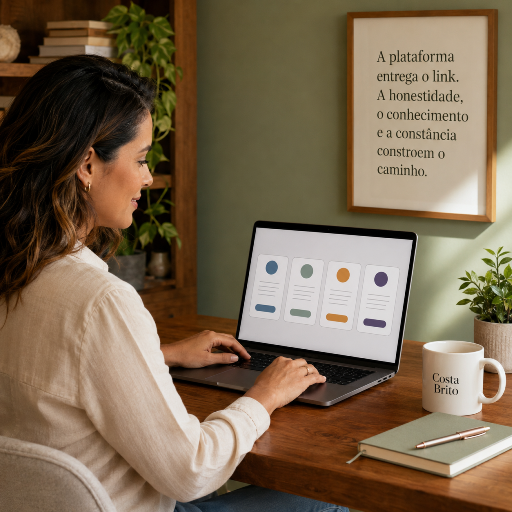 Woman seated at a wooden desk, typing on a laptop that shows four card-style UI elements; plant, mug, and notebook are nearby in a cozy home office.