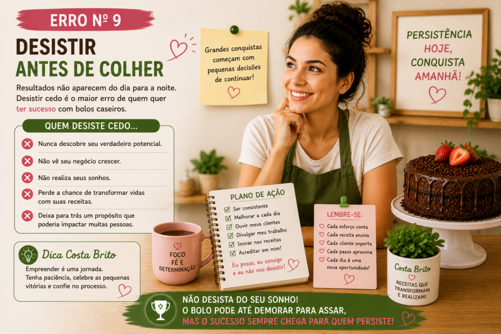 Infográfico motivacional com mulher confeiteira sorrindo, notas adesivas e bolo de chocolate, incentivando persistência e planejamento de ações.