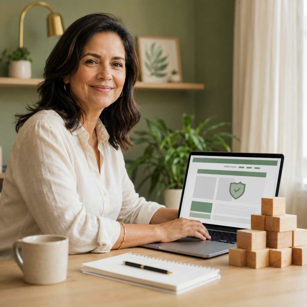 Empreendedora trabalhando na construção de um site responsável e seguro