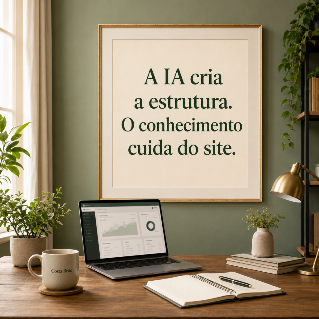 Workspace with a laptop, notebook, mug, plants, and a large framed poster in Portuguese that reads: 'A IA cria a estrutura. O conhecimento cuida do site.'