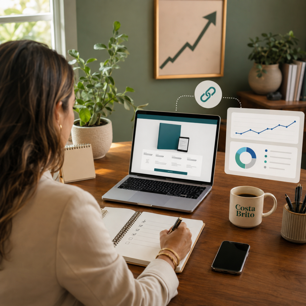 Mulher trabalhando no computador em uma mesa de madeira, com gráficos sobre marketing digital, caderno, celular e caneca.