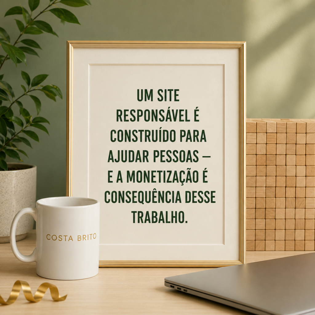 Quadro sobre site responsável e monetização com xícara Costa Brito